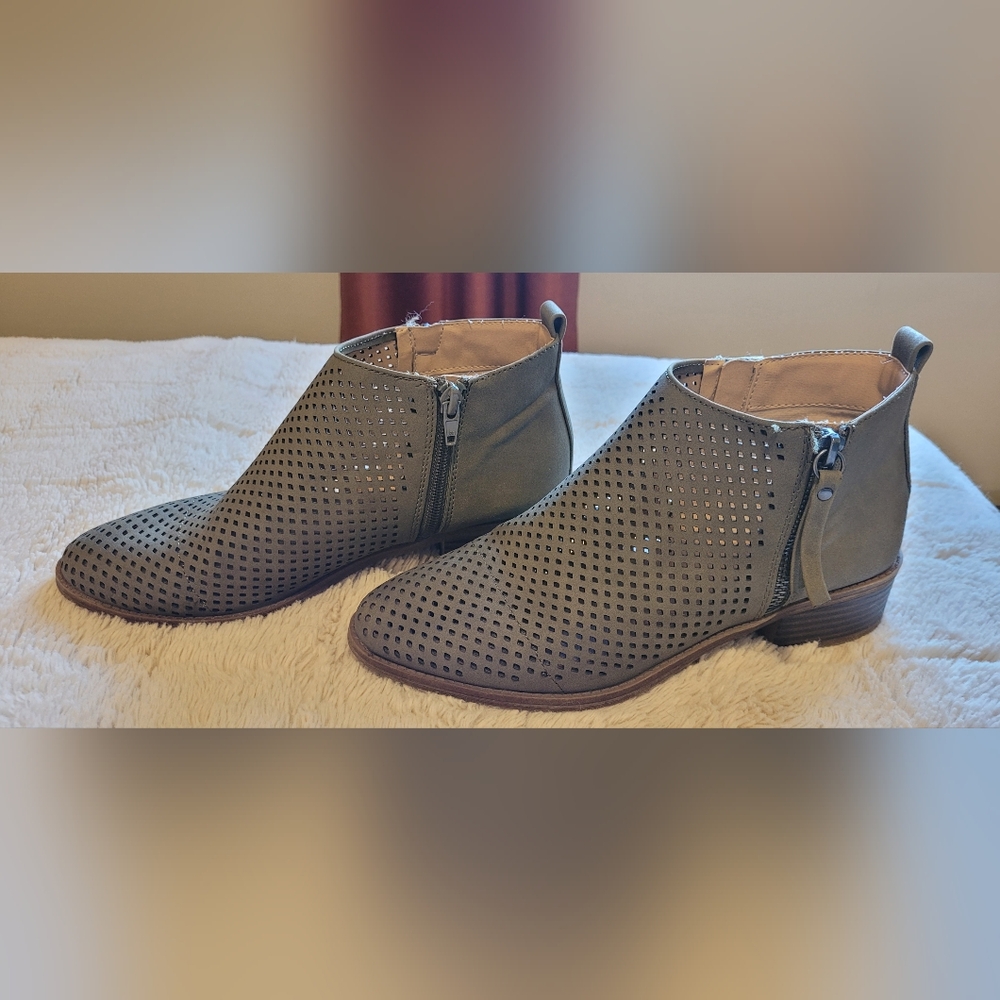 Olive green Perforated fake suede Ankle Boots